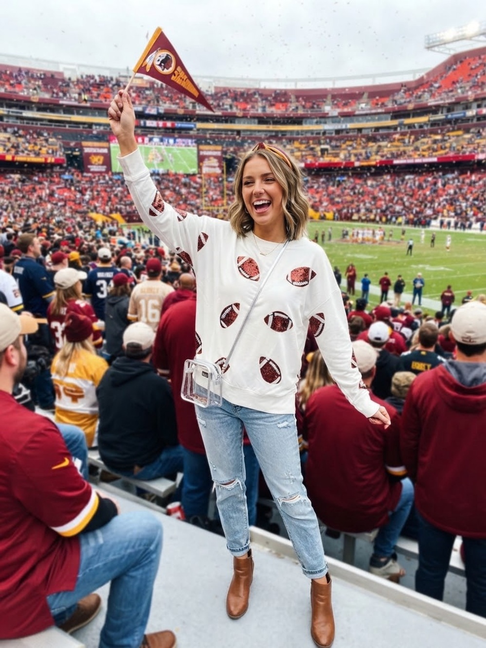 Women's White Football-Print Long Sleeve Pullover Top